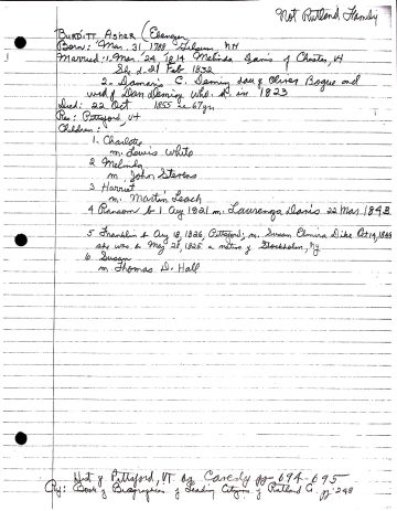 BURDITT, Asher (b. 1788 N.H. d. 1855 Pittsford) DAVIS DEMING WHITE STEVENS LEACH DIKE HALL